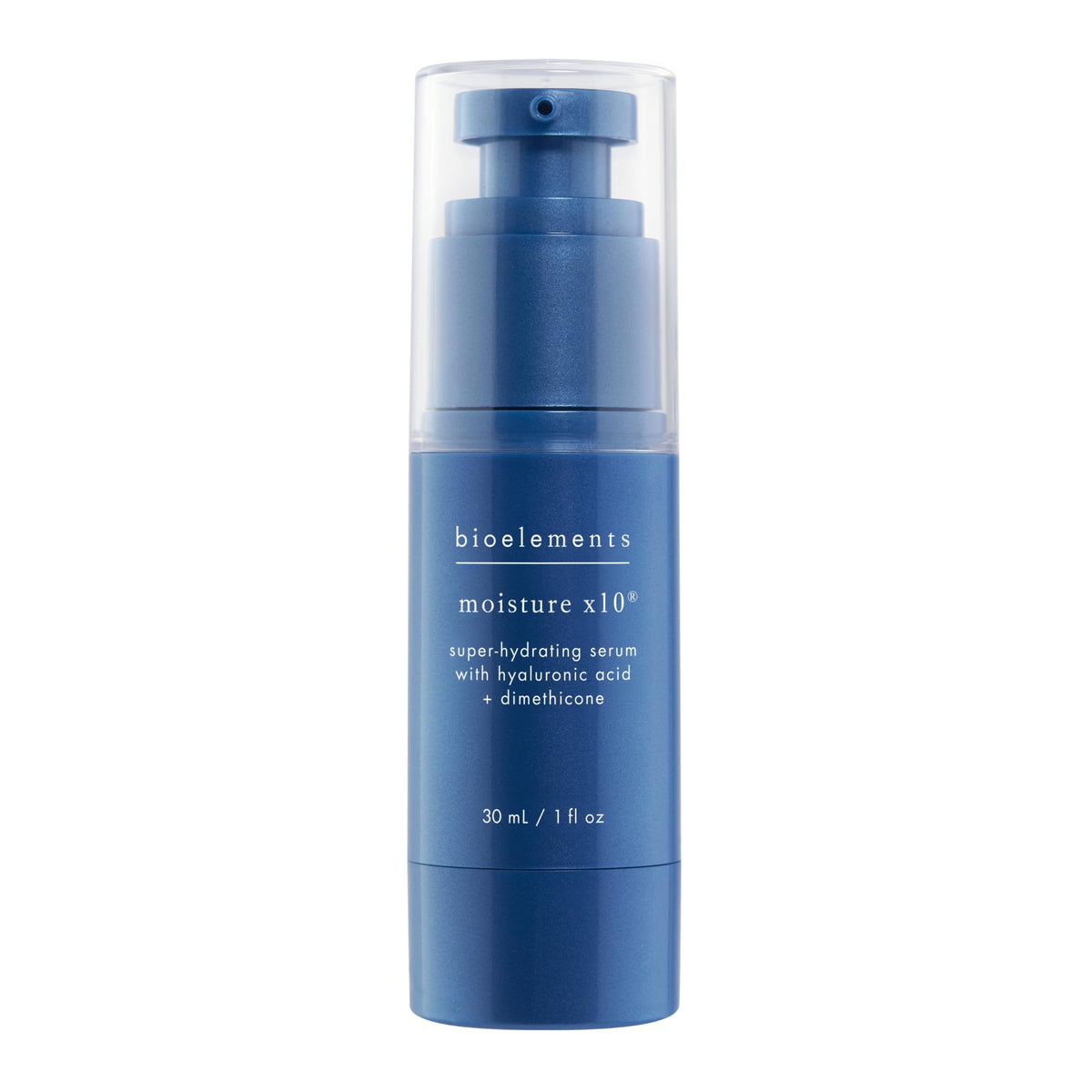 Bioelements Moisture x10 front packaging showing bottle and cap with clear branding and hydration benefit
