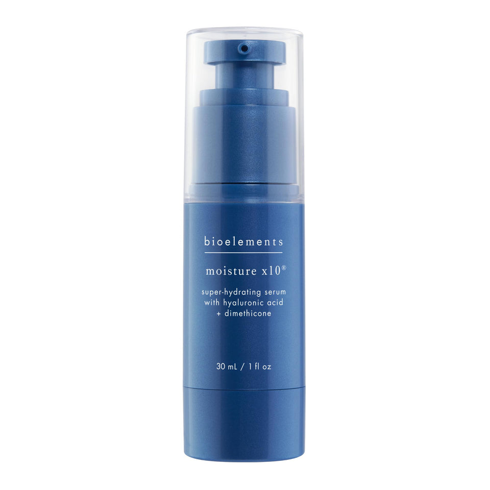 Bioelements Moisture x10 front packaging showing bottle and cap with clear branding and hydration benefit