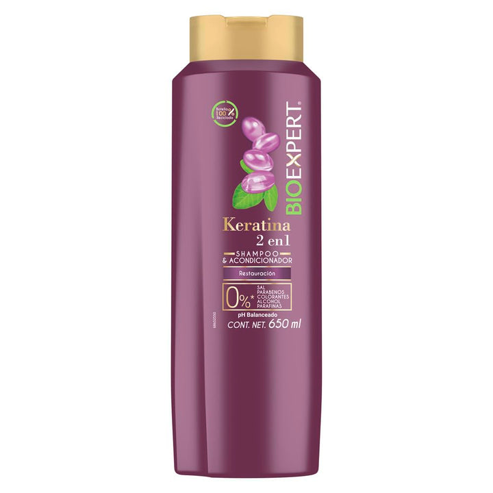 Bioexpert front packaging showing Keratina 650ml, clear product identity and benefit