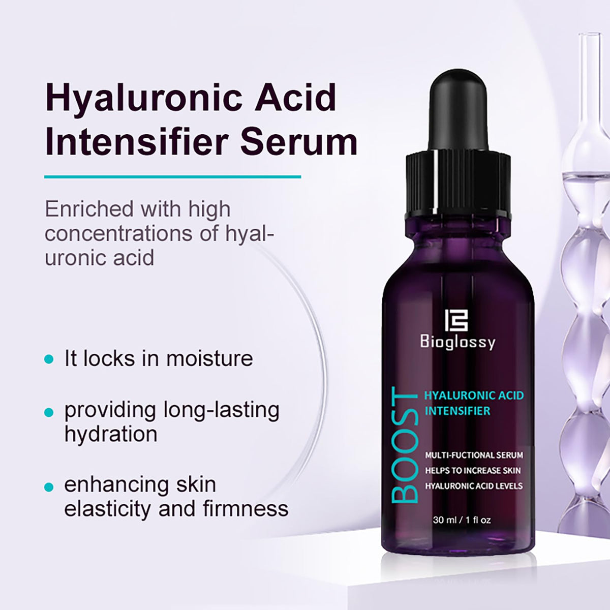 Bioglossy dropper dispensing a clear serum highlighting precise dosing benefit