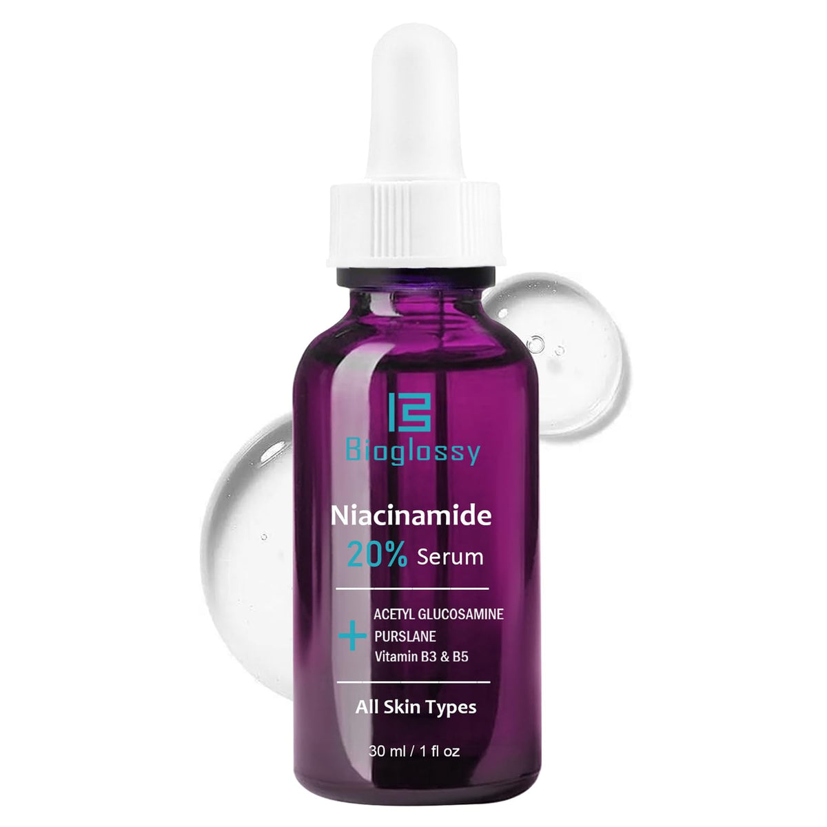 Bioglossy bottle front packaging showing sleek label and clear serum benefit