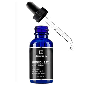Bioglossy bottle front view showing sleek label and 2.5% retinol benefits