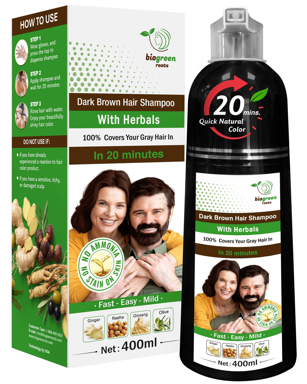 BIOGREEN ROOTS front bottle shot showing brand and dark brown color benefit