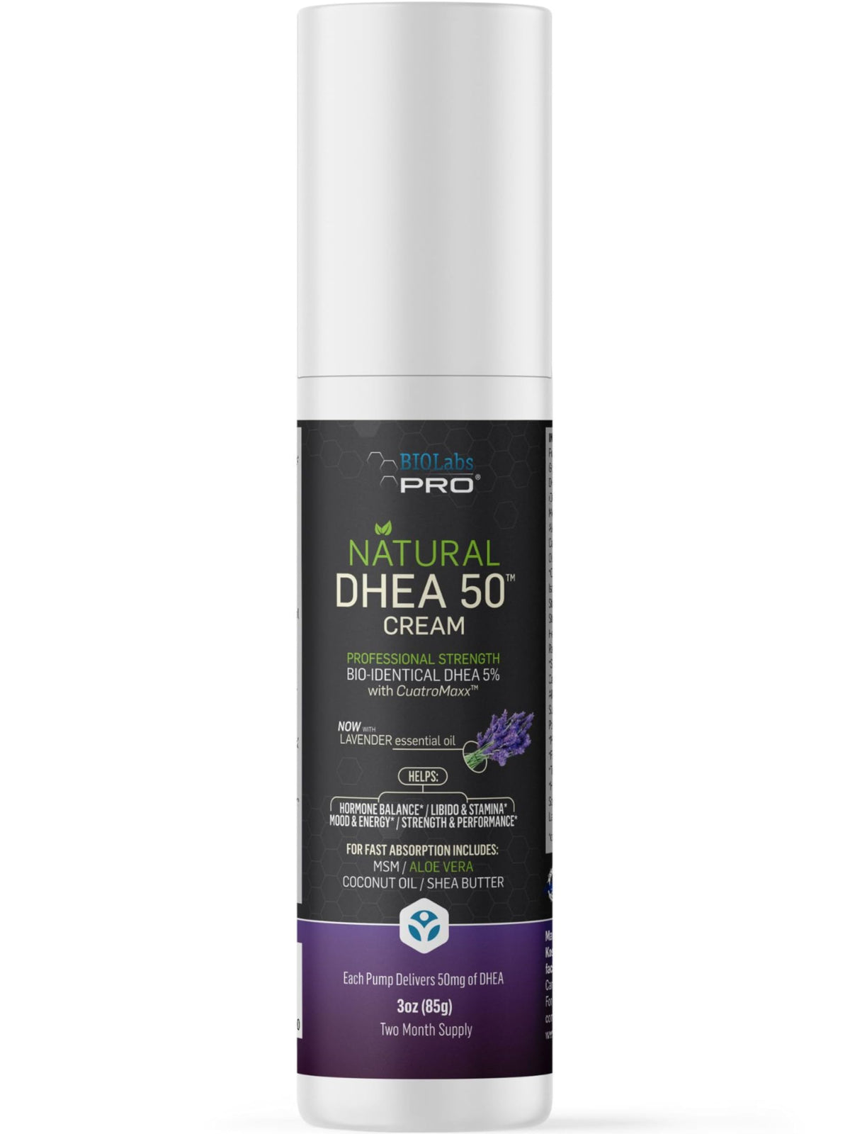 BIOLABS PRO front packaging of 3oz DHEA cream showing product and lavender scent benefit