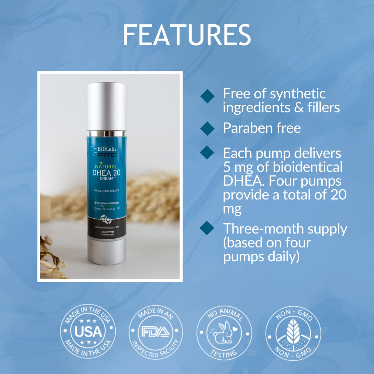 BIOLABS PRO bottle held in hand showing 3.6oz scale and travel-friendly benefit
