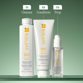 Biolage serum pictured with Smooth Proof shampoo and conditioner emphasizing routine synergy