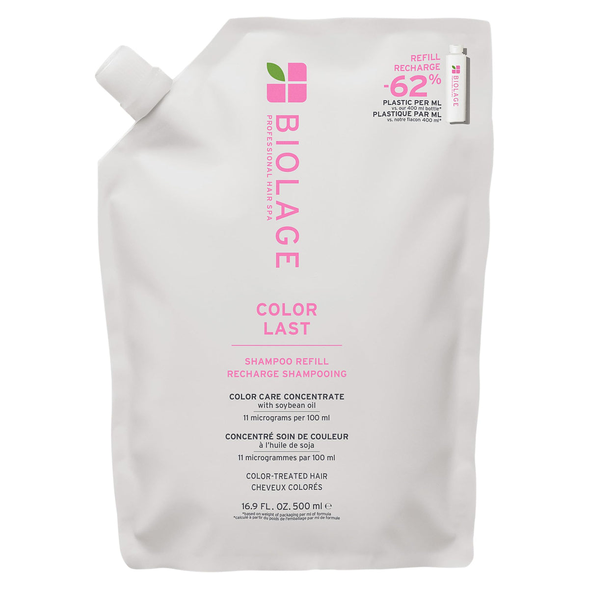 Biolage refill pouch front view showing branding and eco benefit