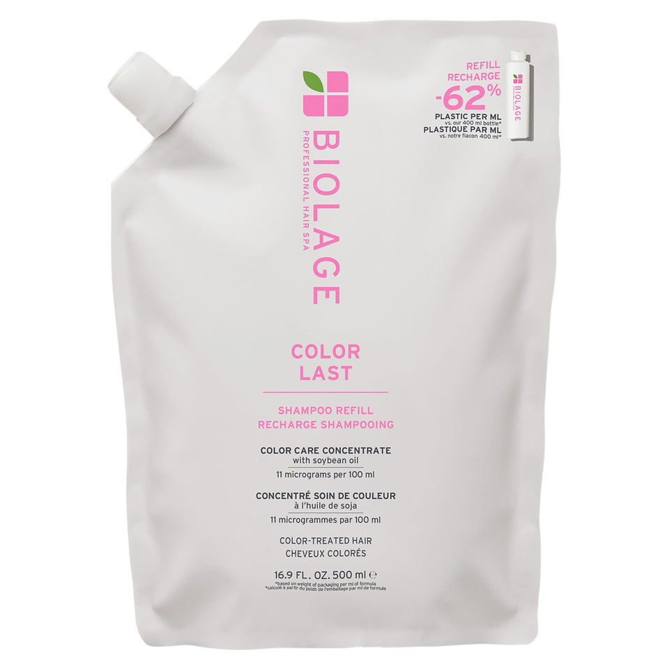 Biolage refill pouch front view showing branding and eco benefit