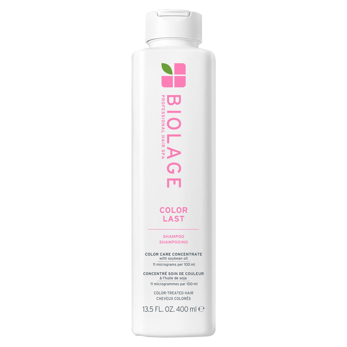 Biolage front bottle showing Color Last Shampoo and easy identification benefits