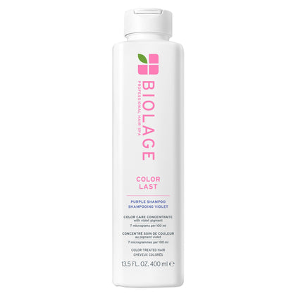 Biolage front packaging showing ColorLast Purple shampoo benefits