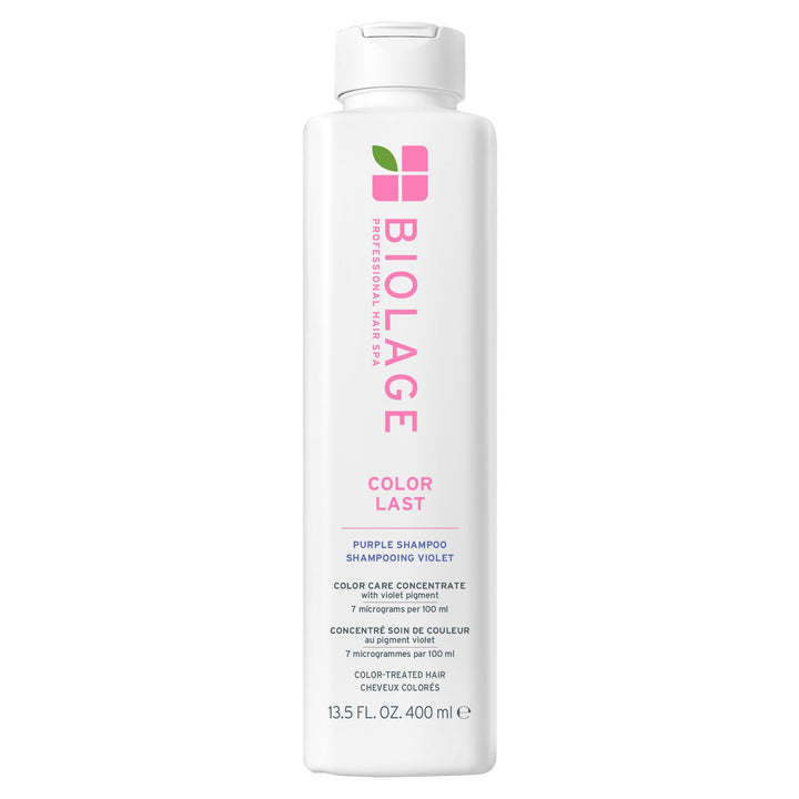 Biolage front packaging showing ColorLast Purple shampoo benefits