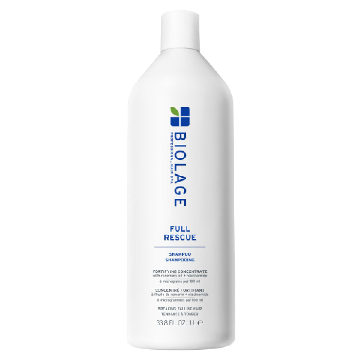 Biolage front bottle showing label and size, highlights fuller-looking hair benefit
