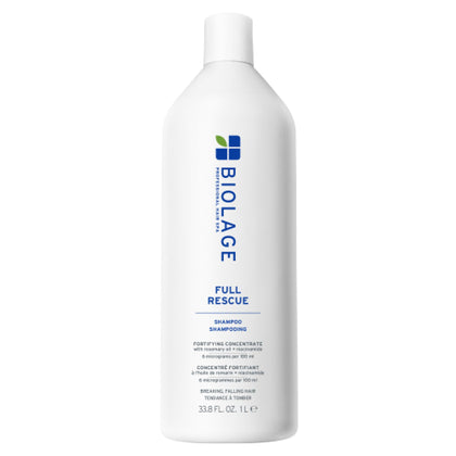 Biolage front bottle showing label and size, highlights fuller-looking hair benefit