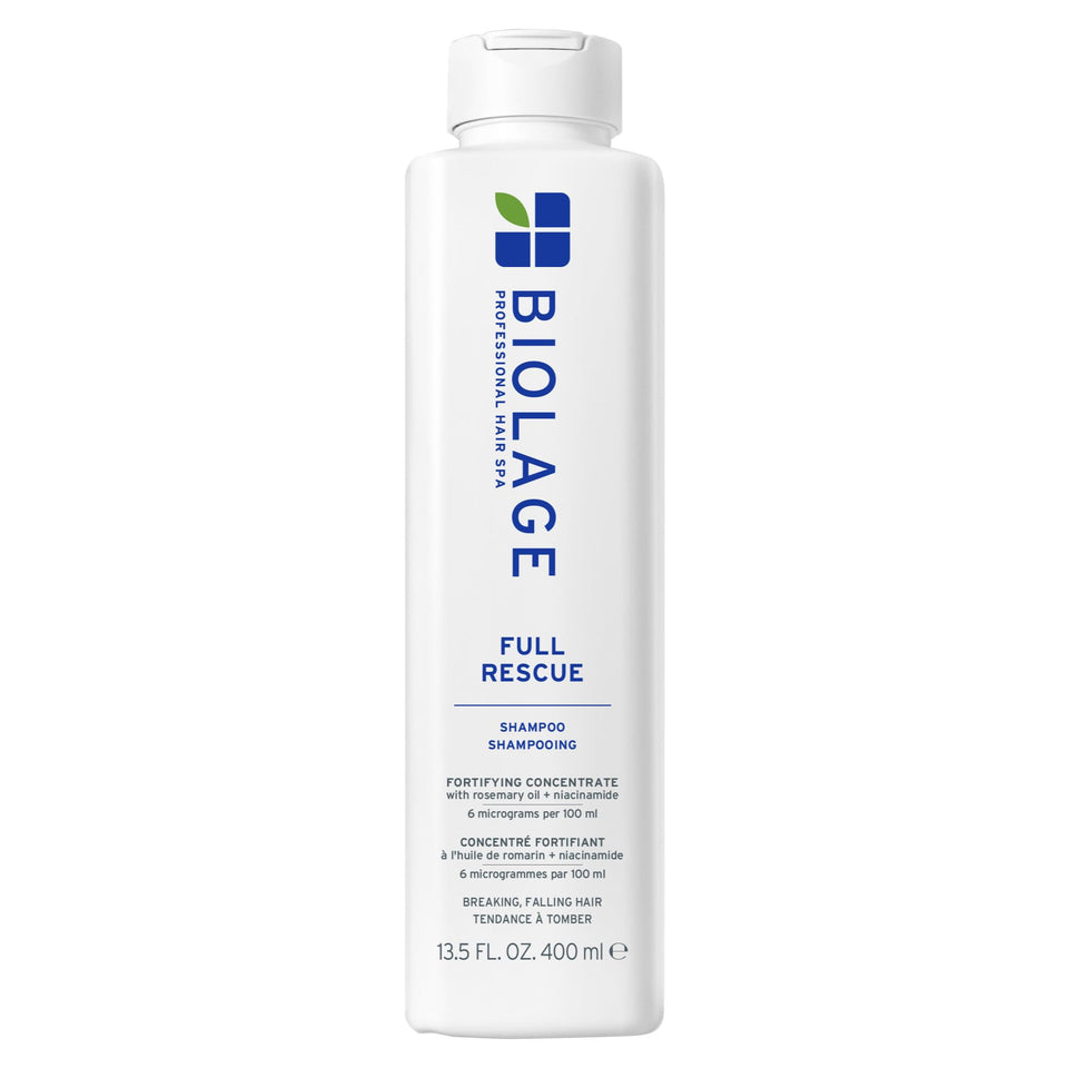 Biolage full rescue shampoo front packaging shows size and clear branding benefit fuller-looking hair