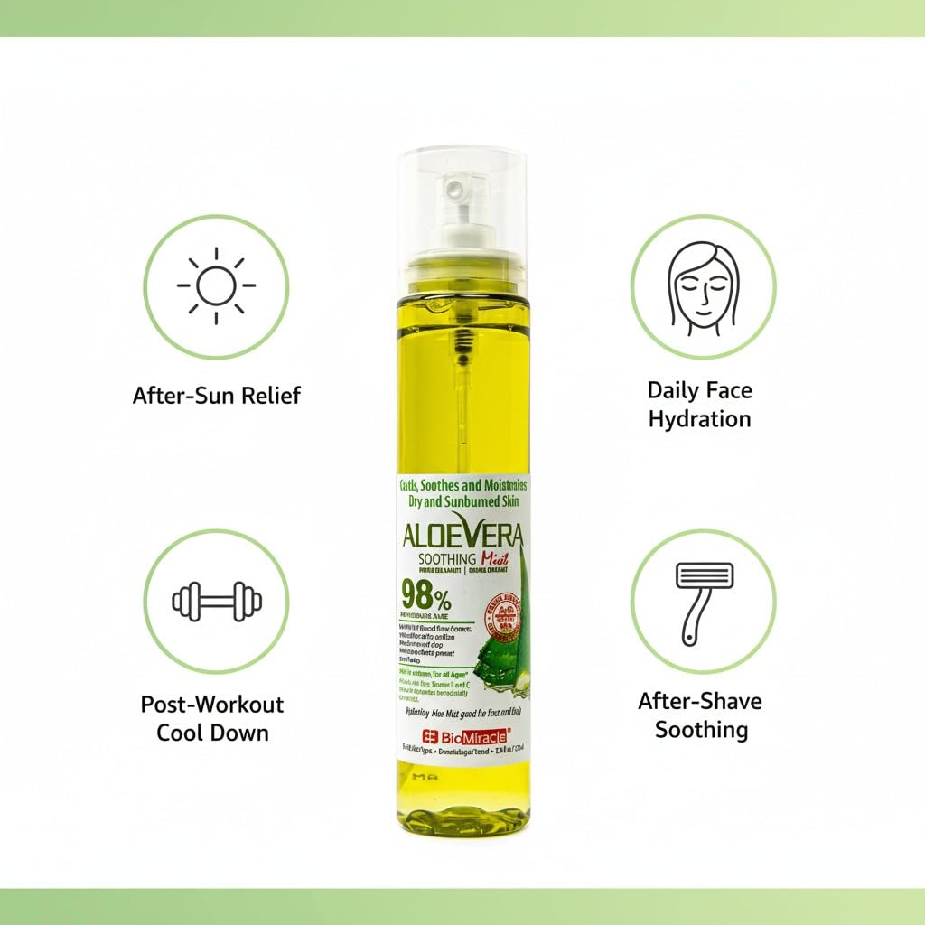 BioMiracle ingredients label highlighting 98% organic aloe vera and vitamins C and E benefits