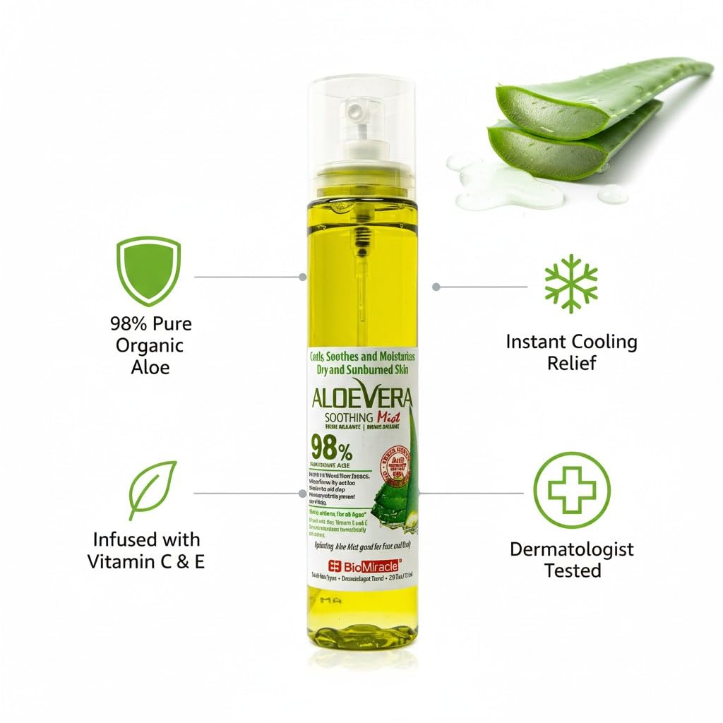 BioMiracle mist spray closeup releasing fine aloe mist to cool and hydrate skin quickly