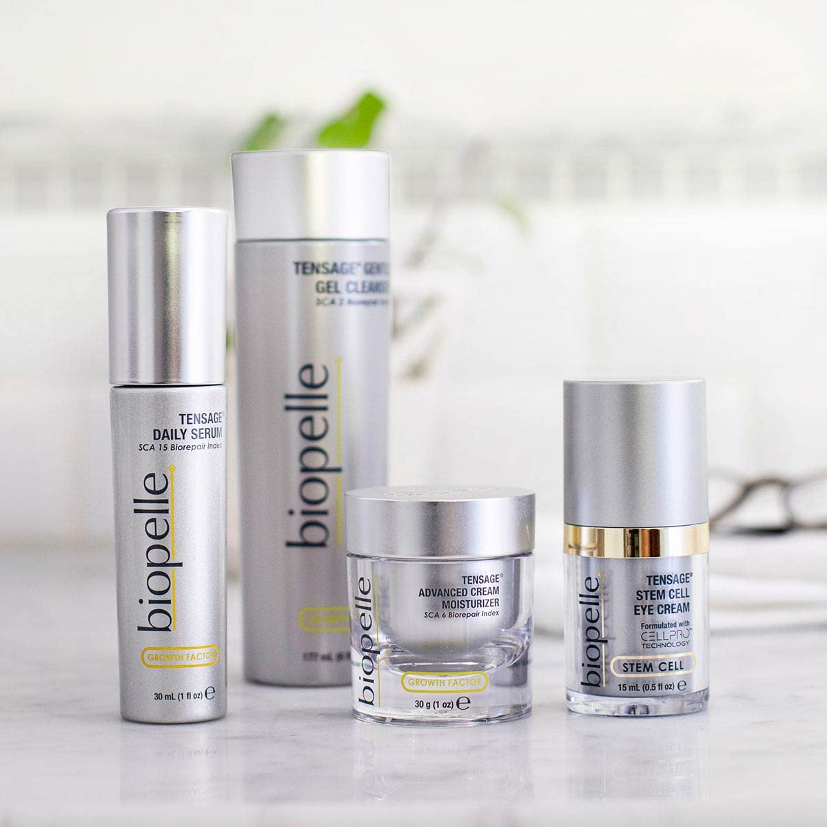 biopelle tensage on bathroom shelf indicating daily skincare routine