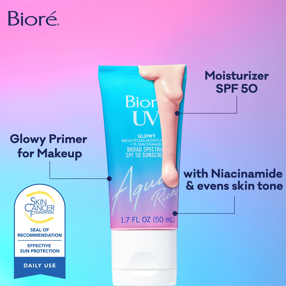 Bioré product applied on back of hand demonstrating sheer, non-greasy finish
