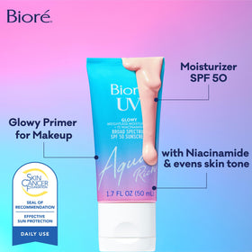 Bioré product applied on back of hand demonstrating sheer, non-greasy finish