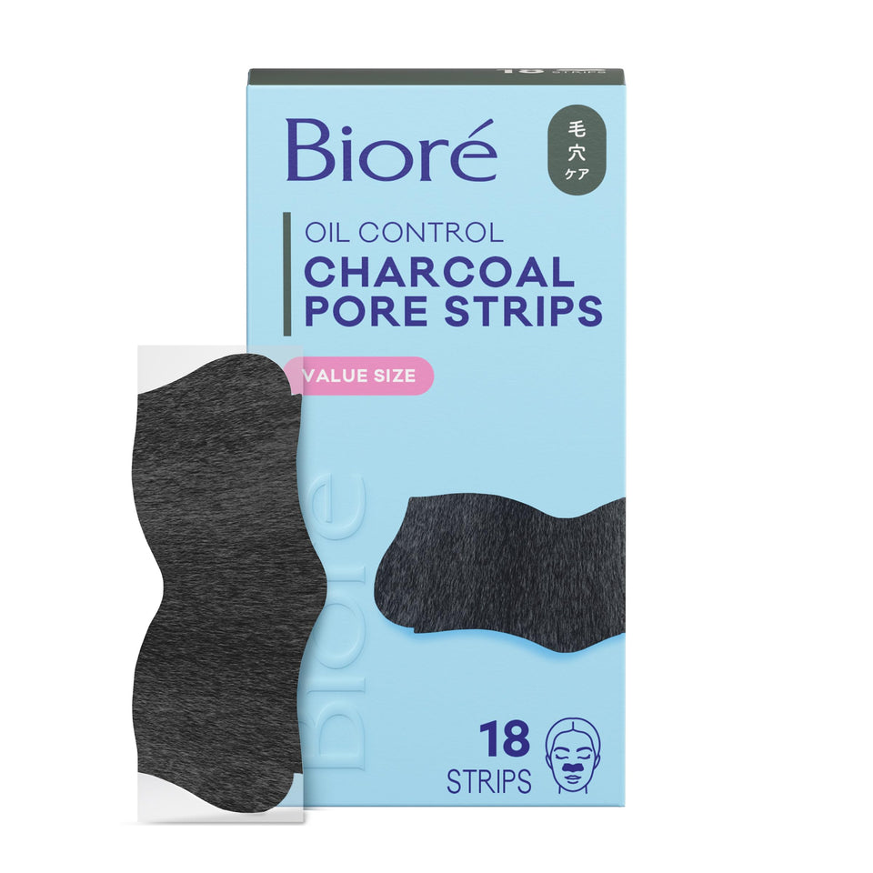 Bioré front packaging showing charcoal pore strips benefit of instant unclogging