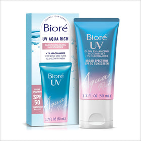 Bioré front packaging of glow enhancing moisturizer showing compact tube and SPF benefit