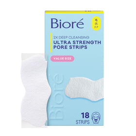 Bioré front packaging showing witch hazel pore strips for powerful blackhead removal