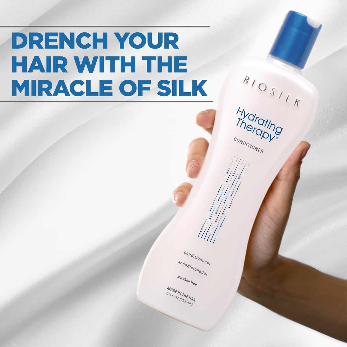 BioSilk pump and label close-up highlighting ingredients and easy dispensing benefit