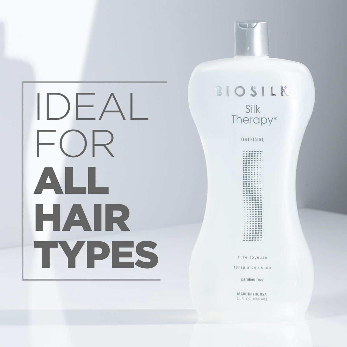 Close-up of BioSilk label highlighting ingredients and sulfate/paraben-free benefits