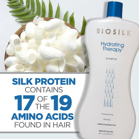 Person applying BioSilk shampoo in shower, illustrating hydration and ease of use