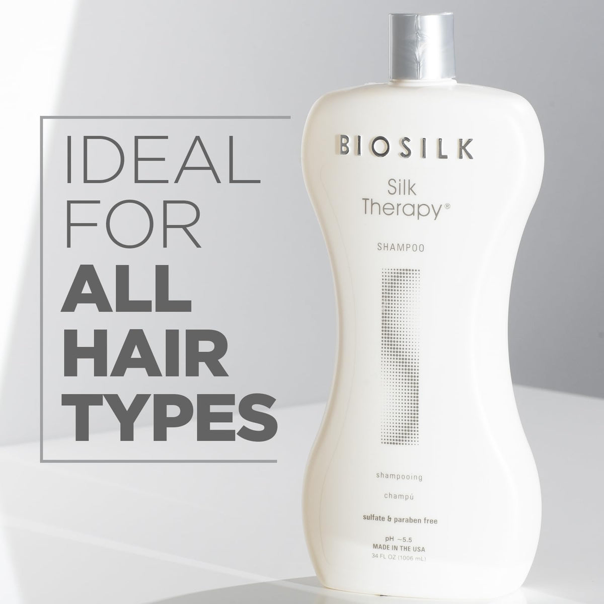 BioSilk label closeup on pump highlighting silk protein ingredients