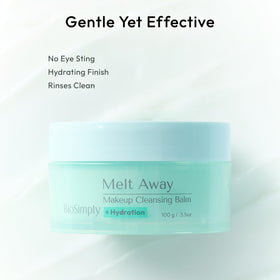 BioSimply balm melting on skin demonstrating oil transformation benefit: dissolves waterproof makeup