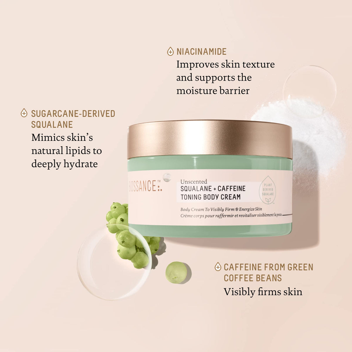 BIOSSANCE applying cream to thigh to show targeted massage and visible smoothing