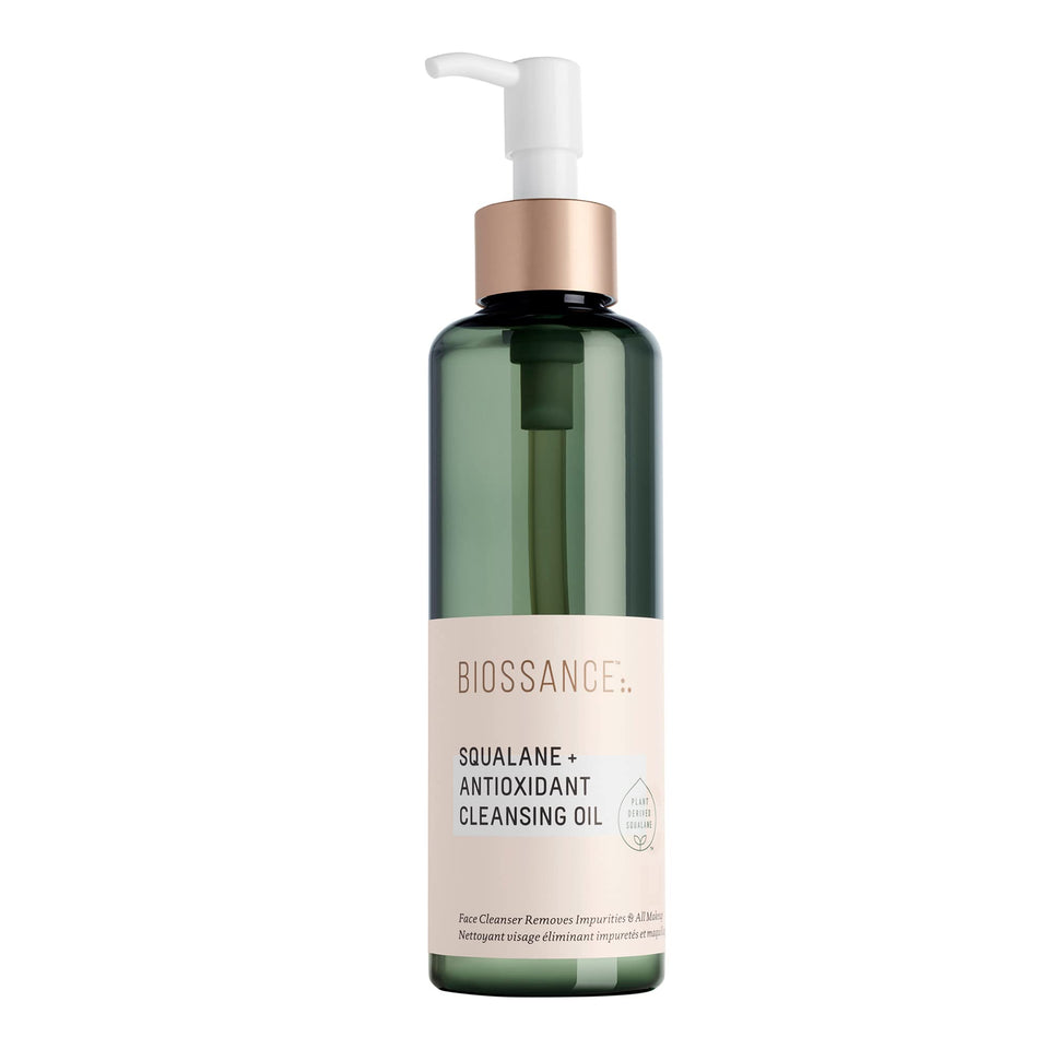 Biossance cleansing oil front packaging showing product and size benefit: gentle makeup removal