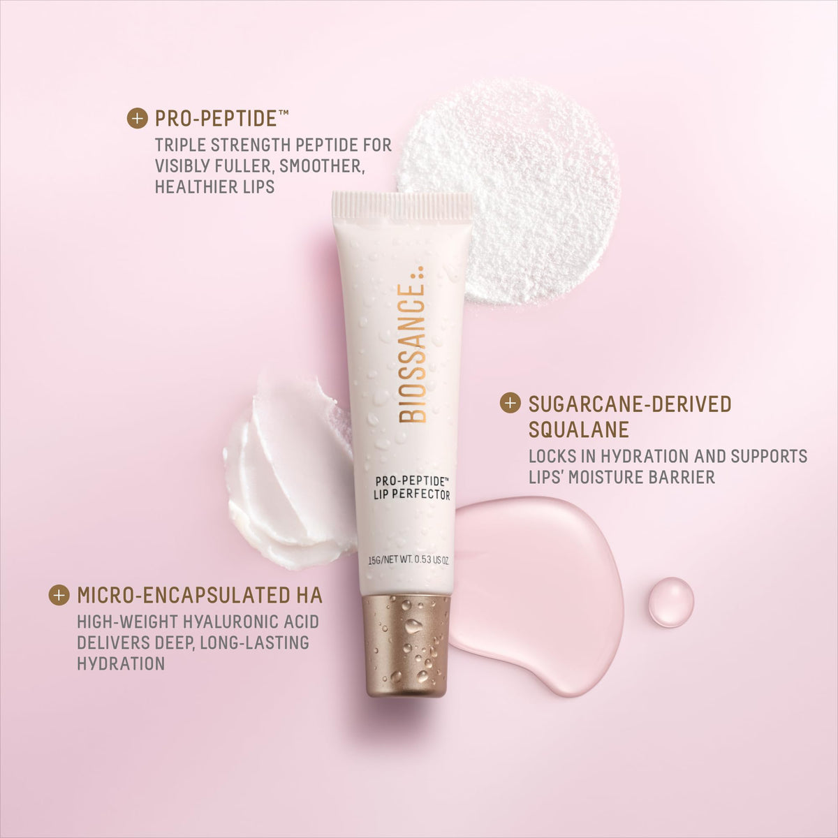BIOSSANCE clear gloss texture swirled to show silky sheen and glossy finish