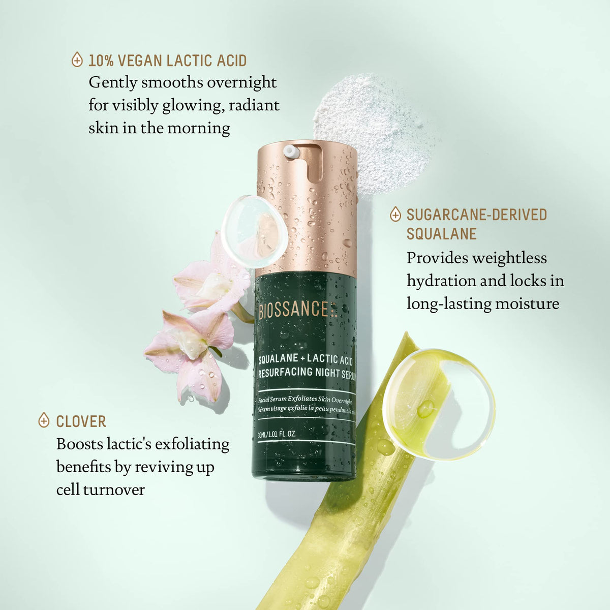 BIOSSANCE close-up label highlighting vegan formula and ingredient benefits