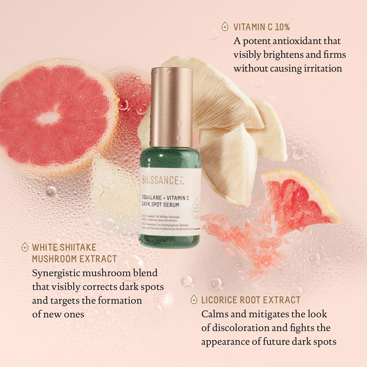 BIOSSANCE label close-up highlighting vitamin C and white shiitake