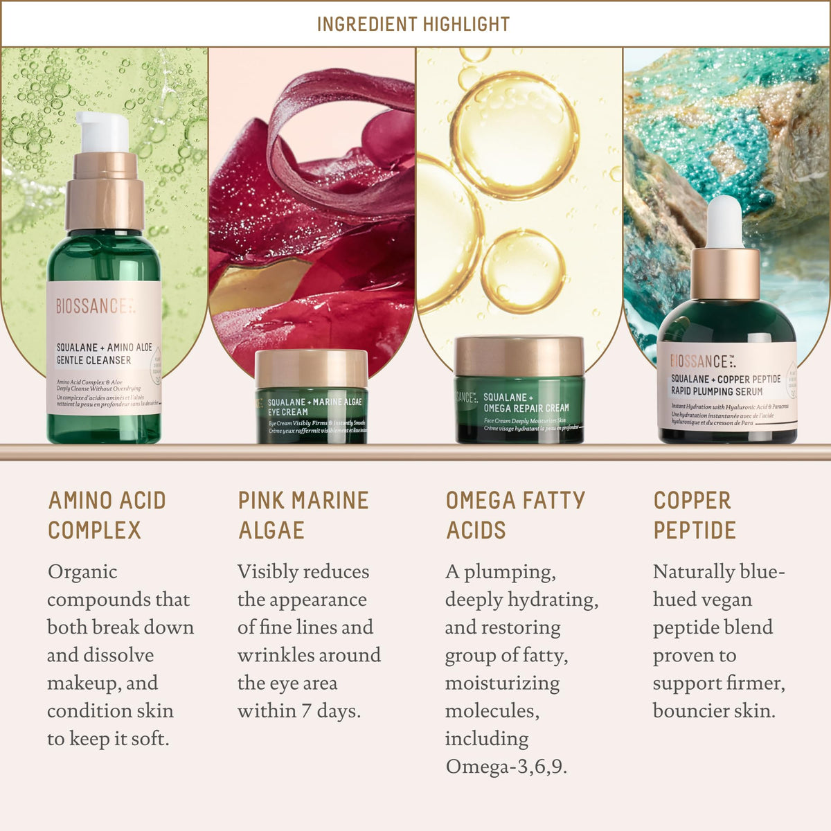 BIOSSANCE Marine Algae Eye Cream tube applied near orbital area to reduce puffiness
