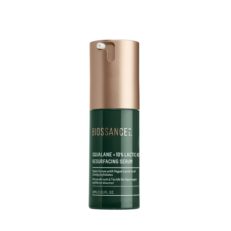 BIOSSANCE front bottle view showing squalane and lactic acid serum for smoother skin