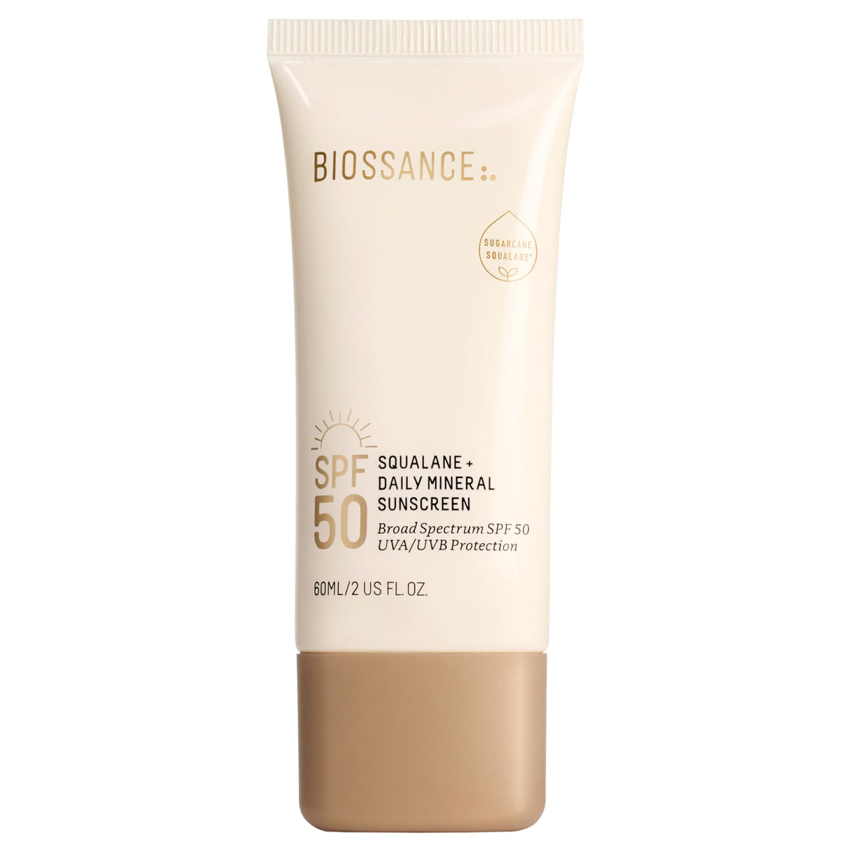 BIOSSANCE front bottle shot showing compact sunscreen packaging and SPF 50 protection