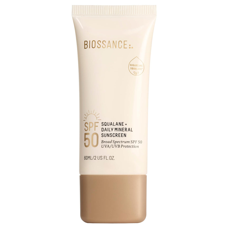 BIOSSANCE front bottle shot showing compact sunscreen packaging and SPF 50 protection