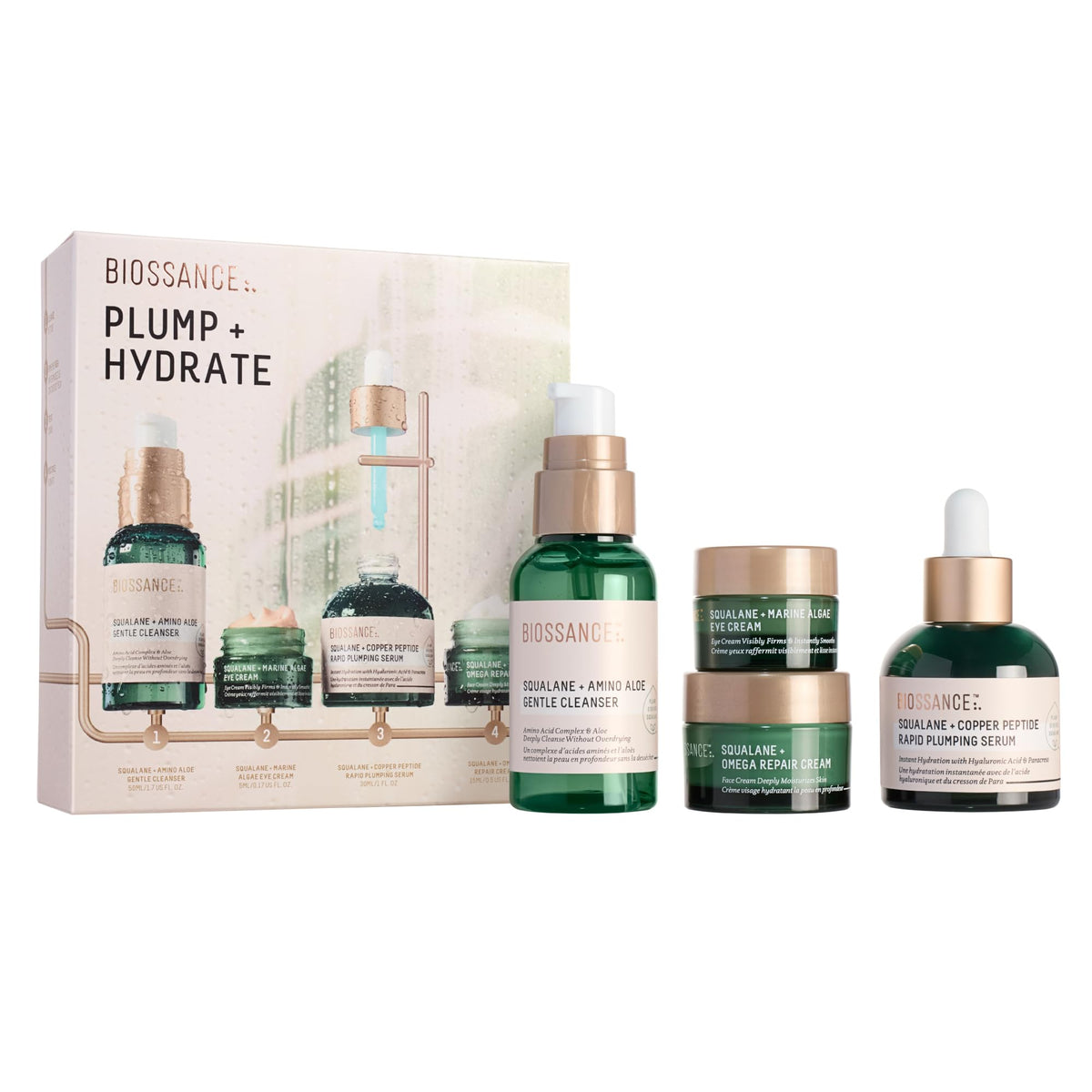 BIOSSANCE full set front packaging showing all four products for easy routine