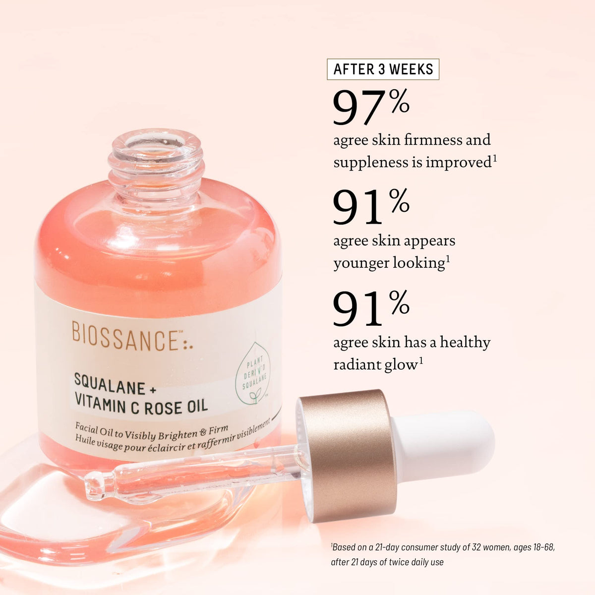 BIOSSANCE rose and crystal oils highlighting brightening ingredients