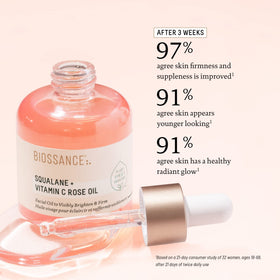 BIOSSANCE rose and crystal oils highlighting brightening ingredients