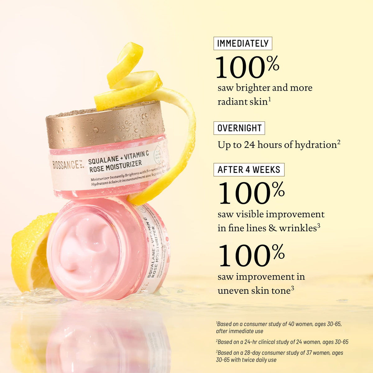 BIOSSANCE jar beside Damascus rose ingredient for natural radiance
