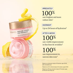 BIOSSANCE jar beside Damascus rose ingredient for natural radiance