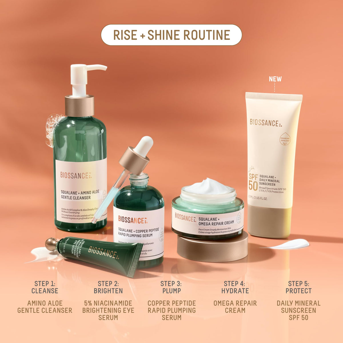 BIOSSANCE on bathroom shelf in lifestyle scene conveying daily skincare integration