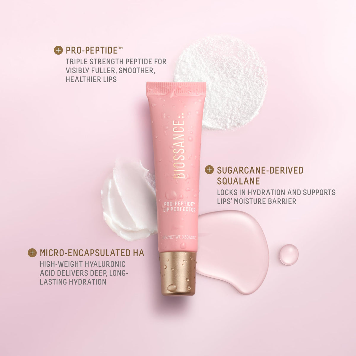 BIOSSANCE texture close-up showing glossy silky finish and smooth application benefit