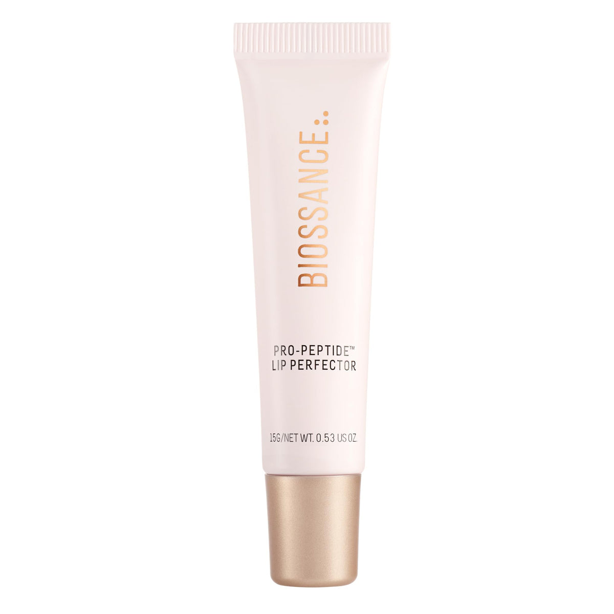 BIOSSANCE front tube of Pro-Peptide Lip Perfector showing packaging and benefit