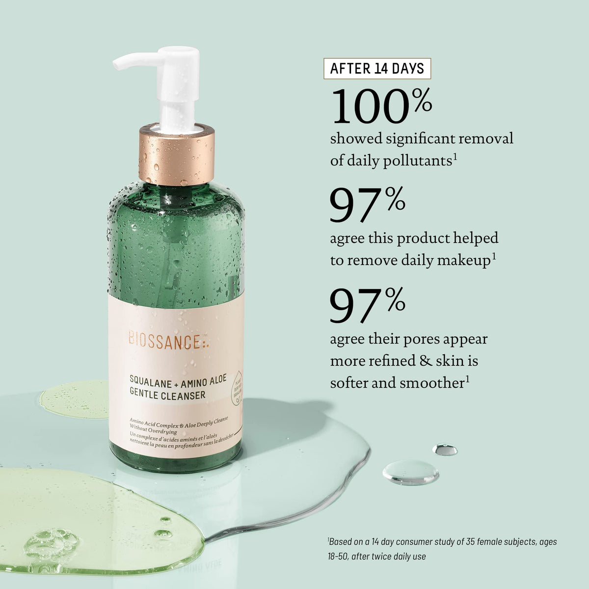 BIOSSANCE pump and label detail highlighting ingredients and clarity