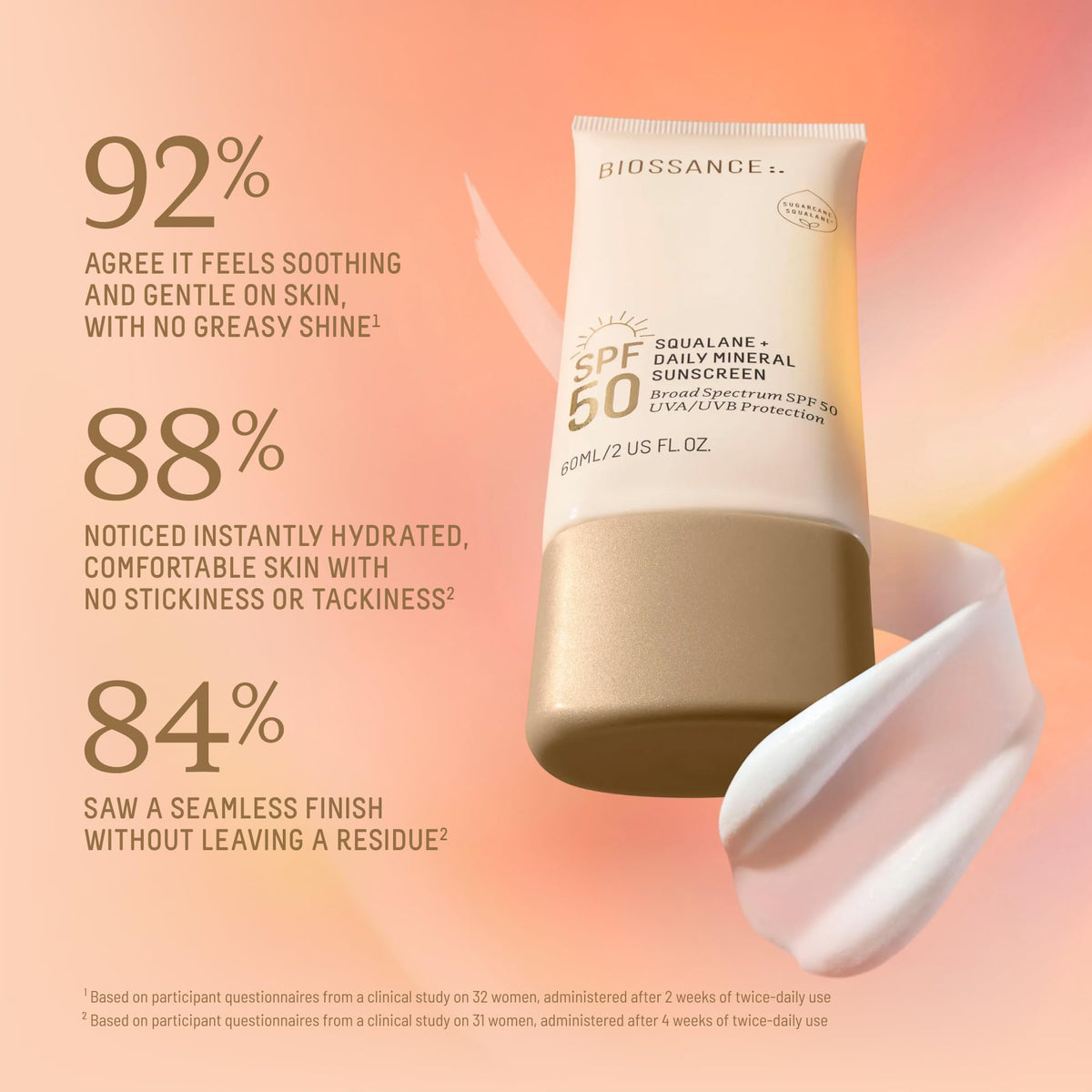BIOSSANCE creamy lotion texture close-up demonstrating lightweight, hydrating finish